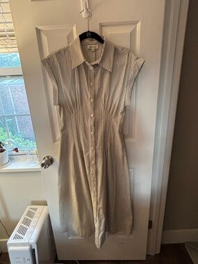 Striped Button-Front Midi Shirt Dress in Beige/White